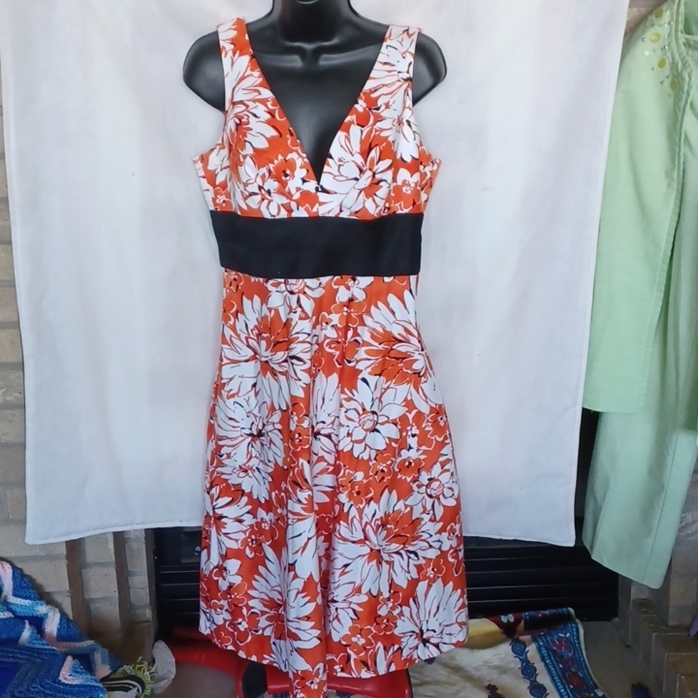 GORGEOUS Donna Ricco orange& white flowered cotton dress, corset back PTP=19"